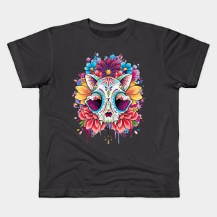 Floral Candy Cat Skull Design by Lorna Laine Kids T-Shirt